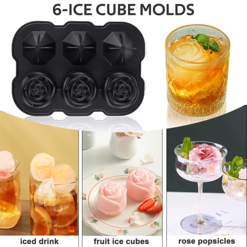 Mikiwon 2-inch Rose Ice Cube Tray with Cover, 3-Cavity Silicone Rose Ice Tray & 3 Diamond Ice Ball Maker, Easy-Release Large Ice Cube Formers for Chil