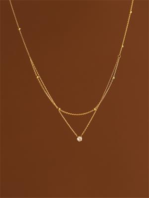1 Pc Stainless Steel Plated 18K Exquisite Gold Bead Single Diamond Small Double-Layer Necklace