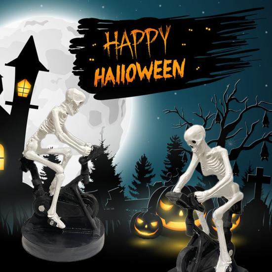Halloween Riding Bike Skeleton Statue Animated Fitness Bicycle Skeleton Figurine Resin Sculpture Gothic Cycling Skeleton Ornament