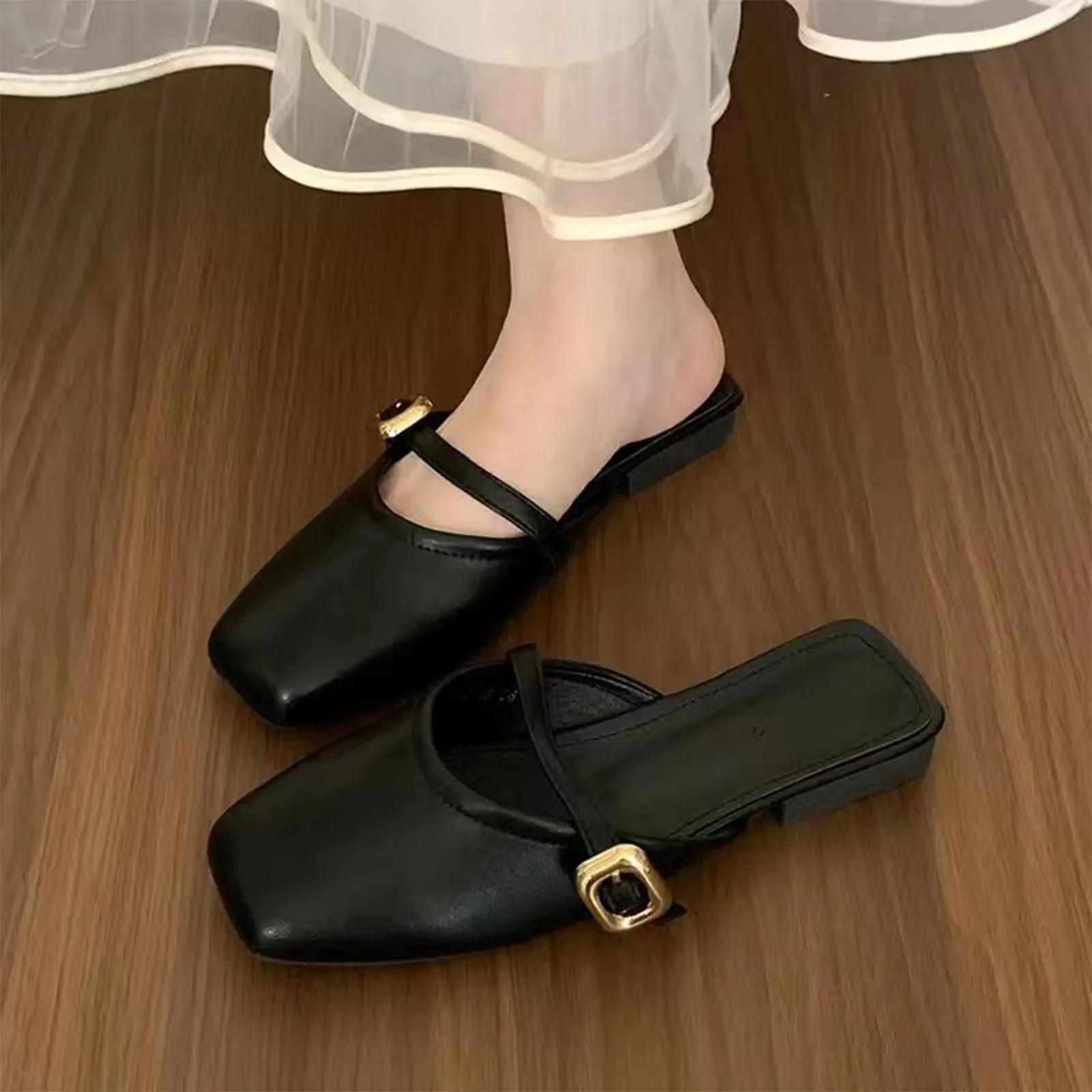 2025 Summer New French Chic Closed Toe Half Slippers Women Casual Versatile Flat Bottom Shallow Mouth Footwear 36-37 1889₽