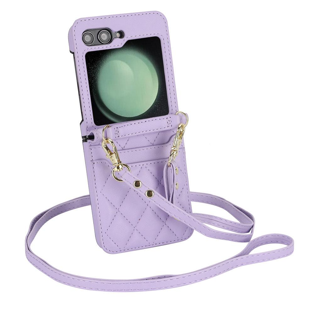 

Fashion Lanyard Cards Leather Phone Case For Samsung Galaxy Z Flip 6 Flip 5 Flip 4 3 Crossbody Bracelet Wallet Cover Coque For Galaxy Z Flip 5 фиолетовый