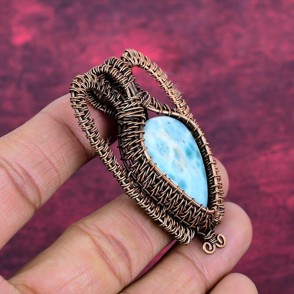 Pingente de Pedra Larimar Feito à Mão Marca Nova Pingente Joia Enrolada com Fio de Cobre