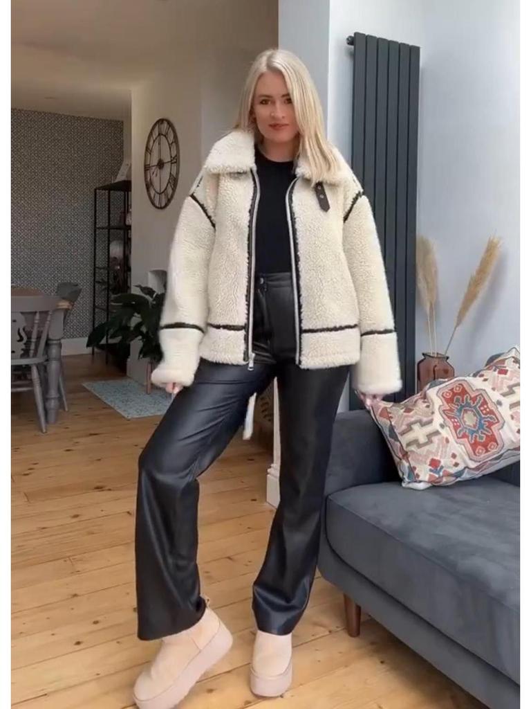 Europäisch-Amerikanischer Damen-Motorradmantel aus Lammwolle & Leder - Herbst/Winter 2023 Edition