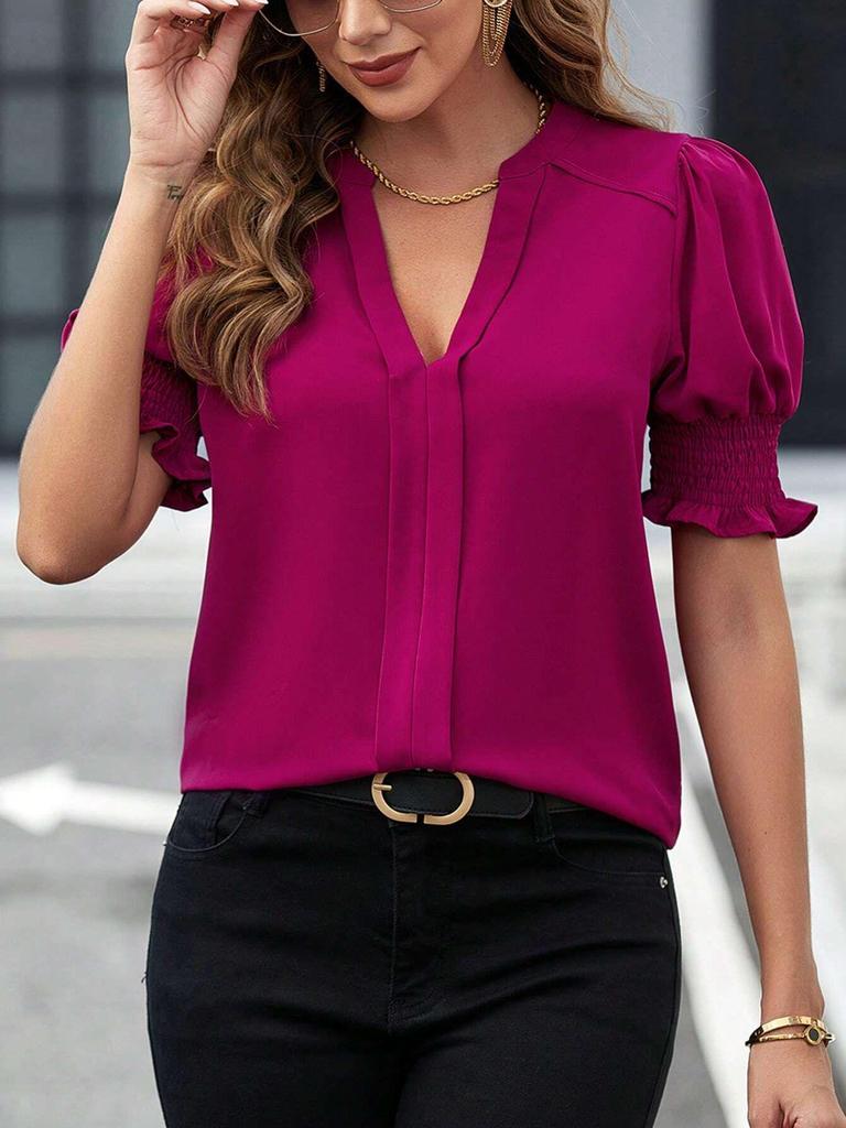 Women's Summer V-Neck Puff Sleeve Solid Color Top