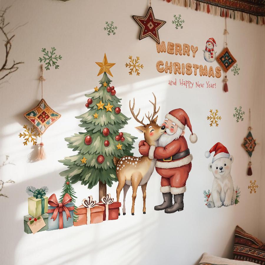 Adorable Santa & Reindeer Christmas Wall Sticker for Bedroom Living Room Entrance Hall Home Decoration Wall Decal