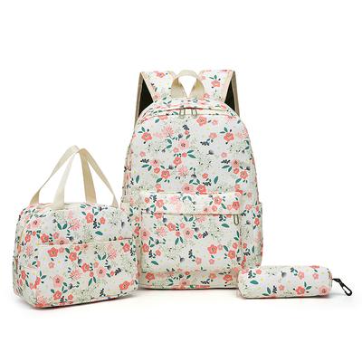 Floral Print Backpack Set High School Student Schoolbag Female Campus Three-Pieces Backpack with Lunch Bag Pen Bag