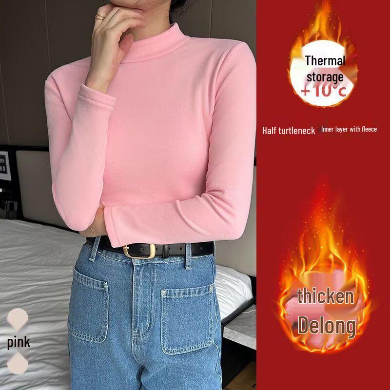 

Женская футболка с полувысоким воротником из немецкого бархата с длинными рукавами: Стильный, Теплый, Однотонный, Идеально подходит для Весны и Осени L розовый