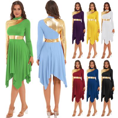 Women's Color Block Metallic Long Sleeve Liturgical Praise Dance Tunic Worship Lyrical Dance Dress