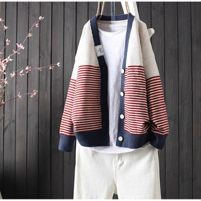 Lazy style V-neck striped knitted cardigan for women in spring and autumn loose and versatile slimming sweater jacket trendy