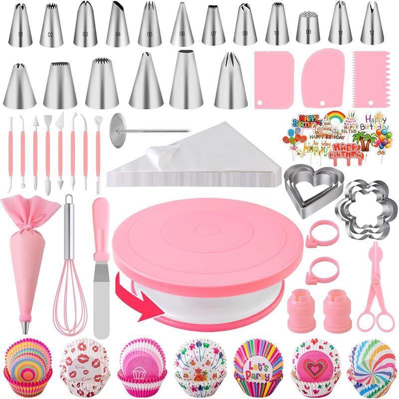 285-Piece Cake Decorating Kit With Rotating Turntable Piping Tips Disposable Bags Home Bakery Pastry Art
