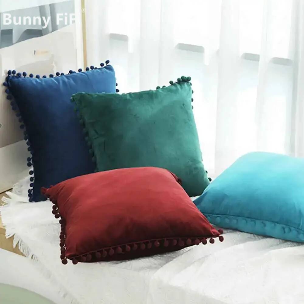 Velvet Pillow Cover with Ball Lace, Soft Cushion Cover, Monochrome, Modern and Simple, Fur Ball, 30x50, 40x40, 50x50, 65x65cm