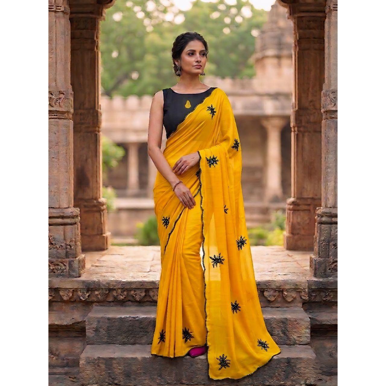 НОВЫЙ ЗАПУСК | Мягкий шелковый сари из жоржета Rich Star с цветочной вышивкой и ажурной каймой