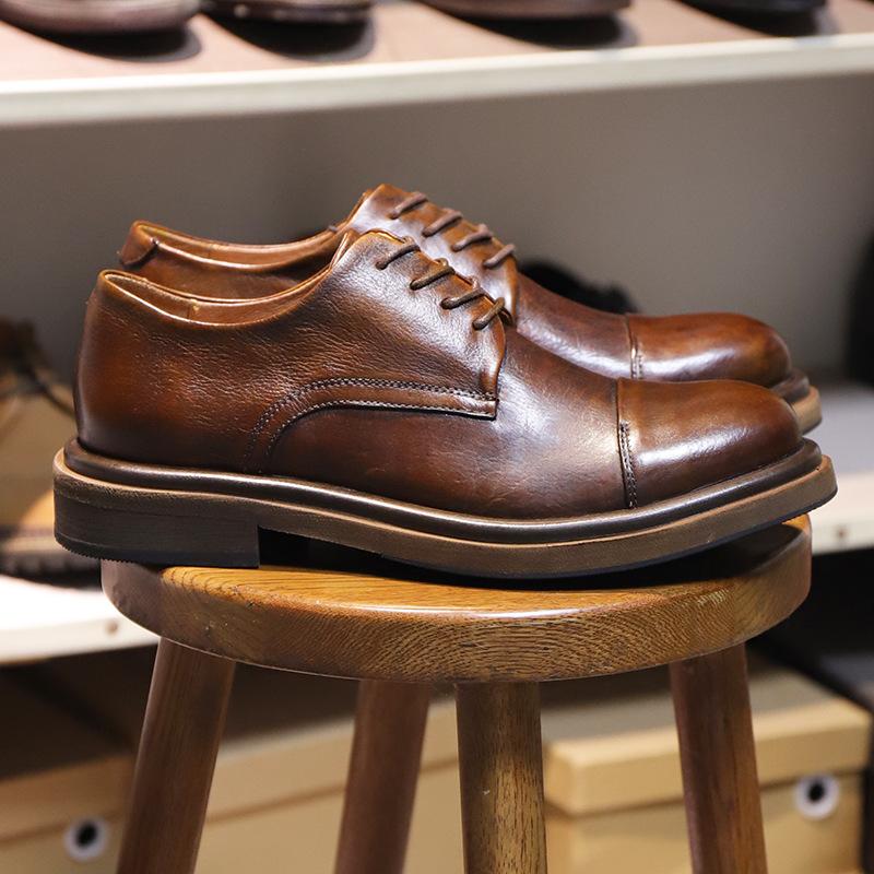 Leather Breathable Versatile Business Casual Leather Shoes Men'S Round Head Lace-Up Thick Sole Wear-Resistant Blue Dress Derby Shoes