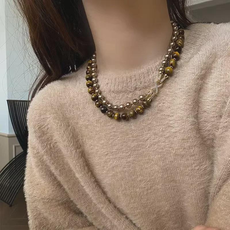 Champagne Double-Layer Tiger Eye & Pearl Necklace with 8-Shaped Buckle