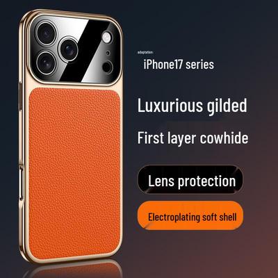 Luxury Electroplated Cowhide Protective Case for iPhone 17 Pro Max - Unisex, Soft Shell
