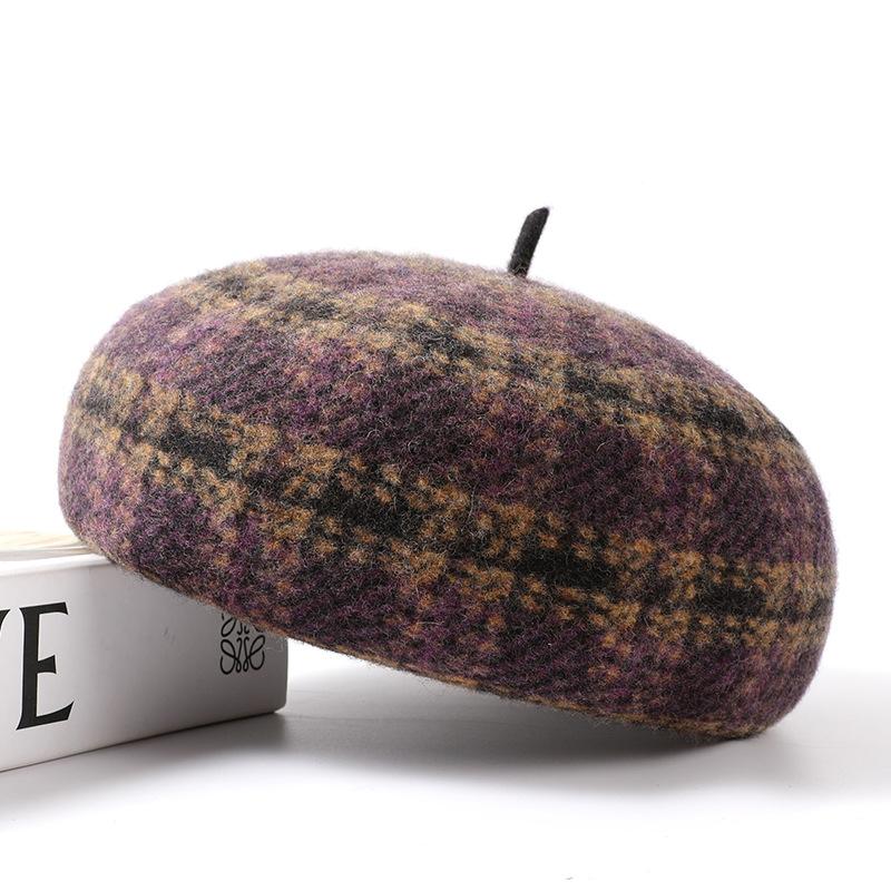 Autumn and winter new pure wool women's beret plaid woolen painter's hat shows the face of the small pumpkin hat tide