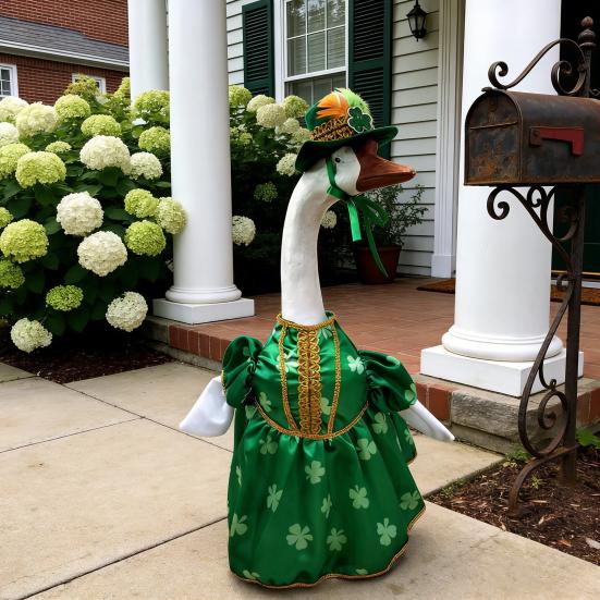 St. Patrick's Day Goose Outfit Irish Shamrock Porch Goose Clothes Fits 23" Cement Plastic Goose Statue for Outdoor Patio Lawn Yard Garden Decoration