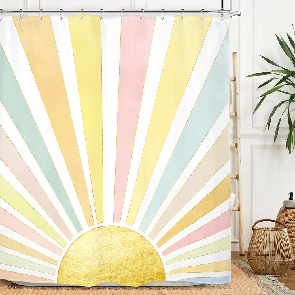 Rust Sun Abstract Shower Curtain Set Simple Medieval Vintage Sunrise Polyester Waterproof Bathroom Curtain With Hook