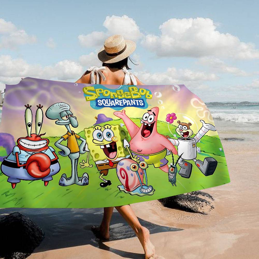 Cute S-Spongebobs Anime Microfiber Blanket Quick Drying Beach Towels Oversized Printing Super Absorbent Pool Towel Blanket