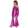 Girls Pageant & Stage Romper: Metallic Shiny Off Shoulder Jumpsuit with Sequin Tassels & Bell Bottom Legs for Disco