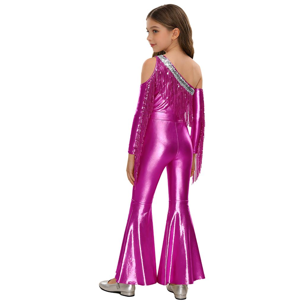 Girls Pageant & Stage Romper: Metallic Shiny Off Shoulder Jumpsuit with Sequin Tassels & Bell Bottom Legs for Disco
