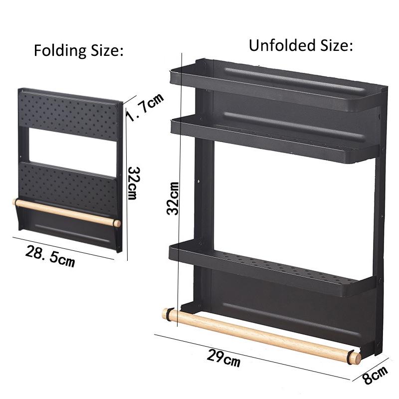 Fridge Magnetic Folding Carbon Steel Storage Rack with Wooden Rod, Size S