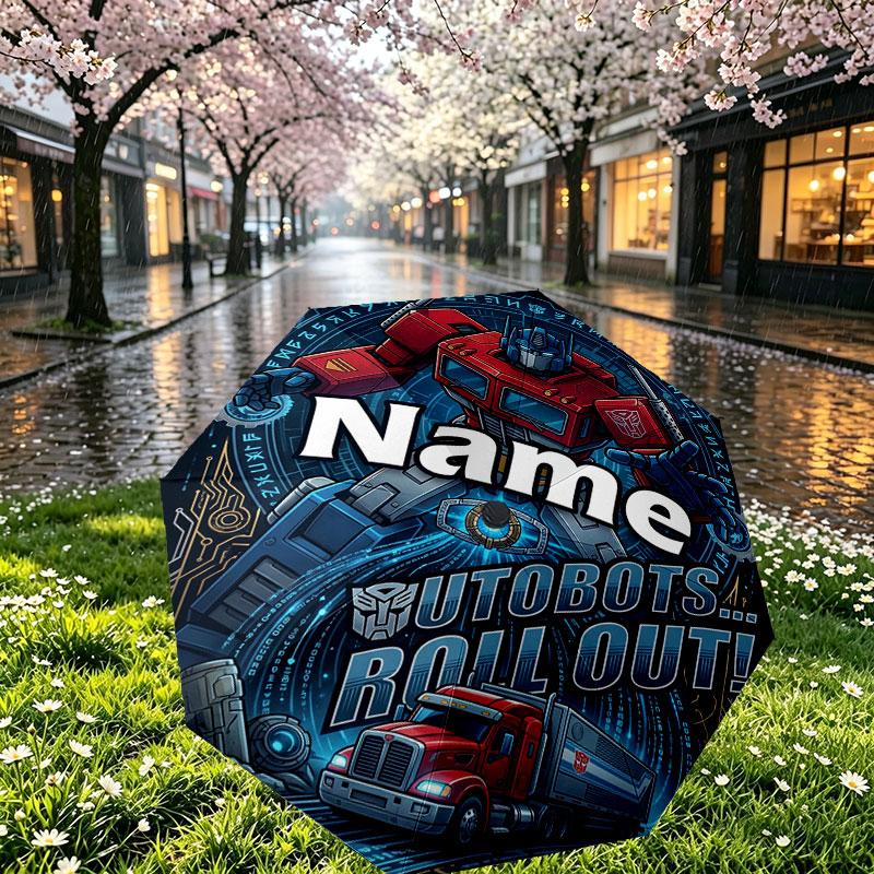 Custom Name Personalized Transformers Print Umbrella, Auto Open Close, 8‑Rib Sturdy Frame, Commute Camping Hiking Use, Birthday Gift