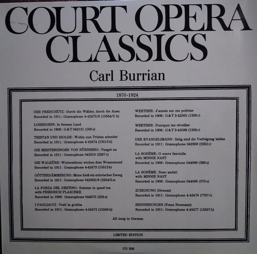 

LP Record KAREL BURIAN Carl Burrian 1870 1924 CO306 Court Opera Cla Austria Classical Used