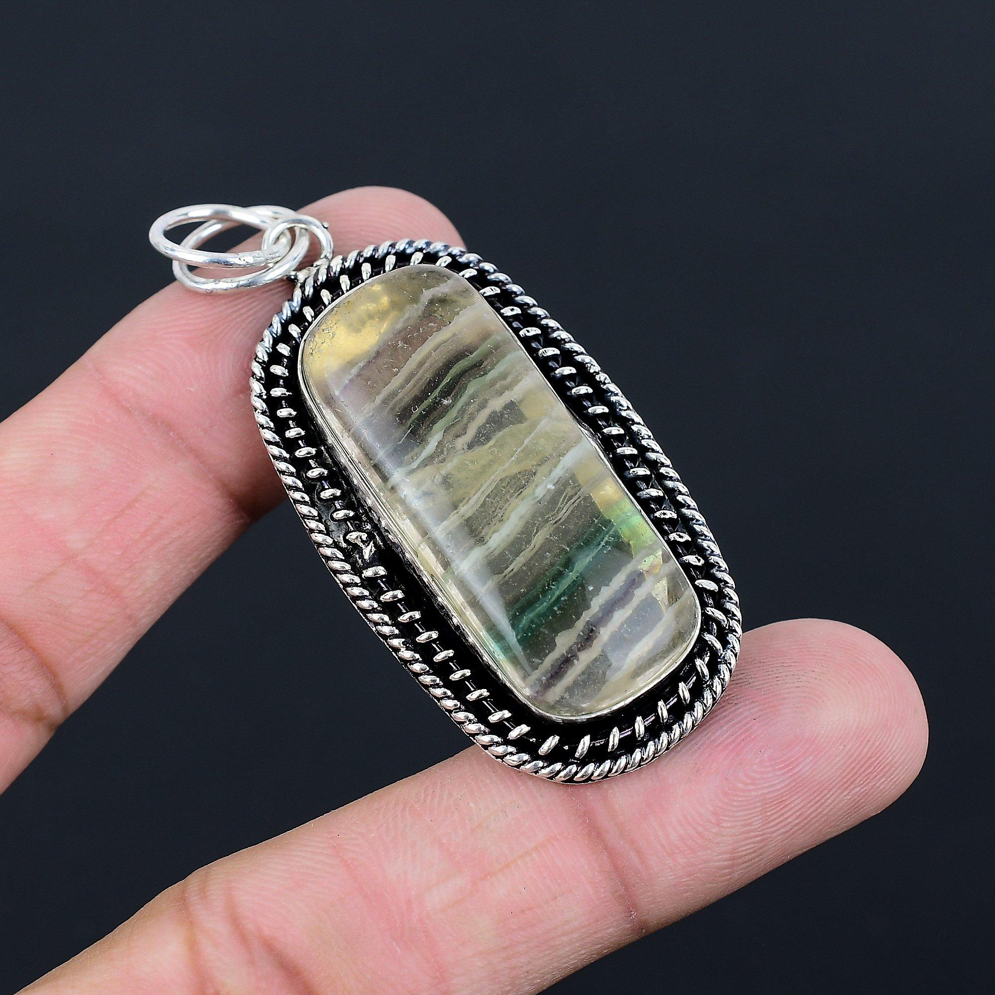 Daughters Day Sale Multi Fluorite Gemstone Anniversary Unique Pendant 925 Silver