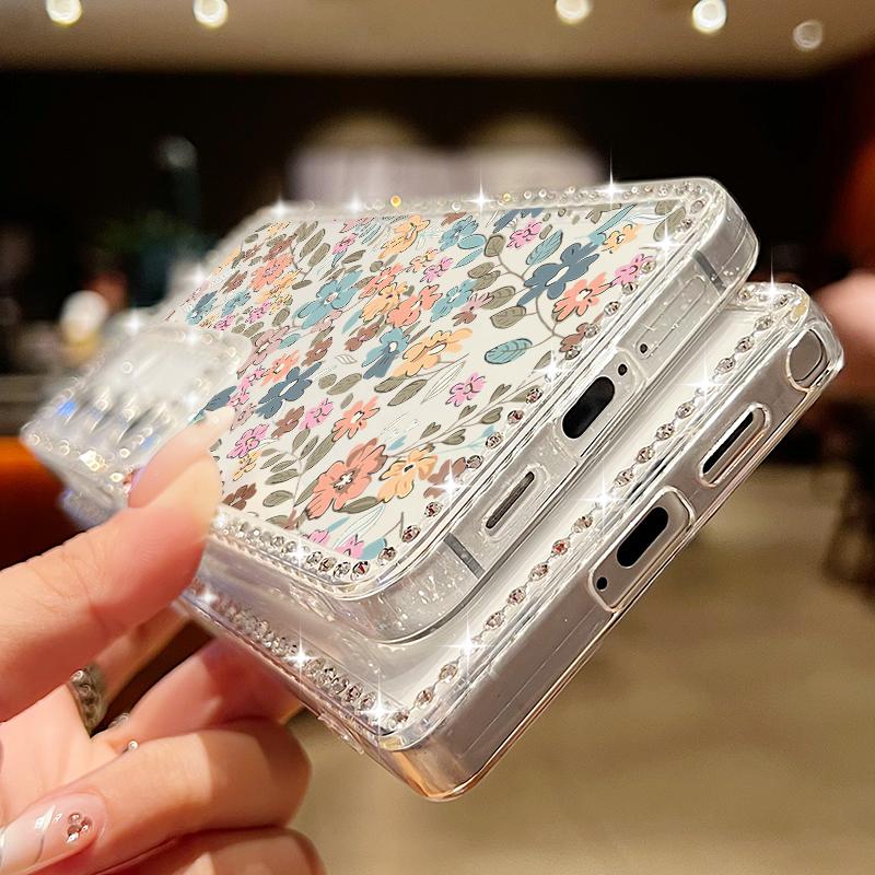 Silver Rose Flowers Diamond Case For Samsung Galaxy S25 Edge S24 Ultra S23 S22 S21 FE A54 A15 A35 A55 A16 A26 A36 A56 5G Capa