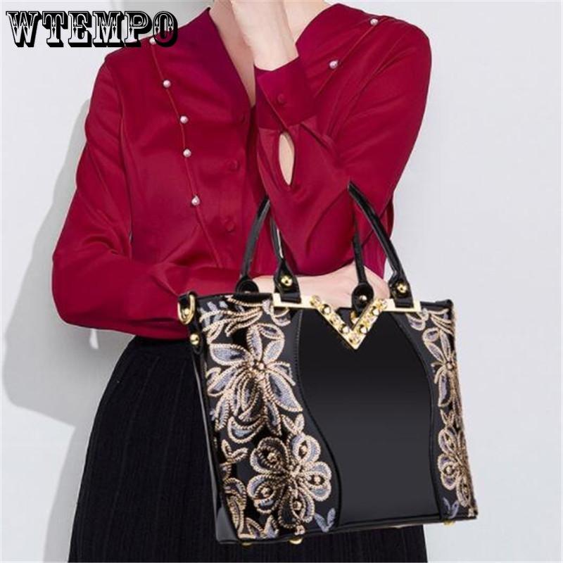 WTEMPO Frauen Mode Handtaschen Stickerei Pu Leder Schulter Tasche Dame Elegante Party Taschen
