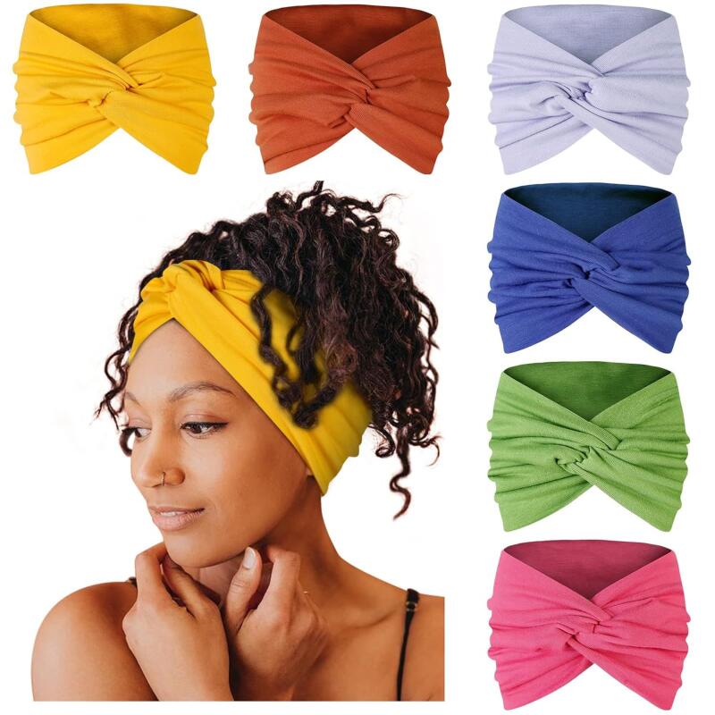 Bohemian Wide Headband Sweat-Absorbent Yoga Hair Wrap Cross-Tie Design 8cm Elastic Bandana - 6-Pack Set for Women Girls