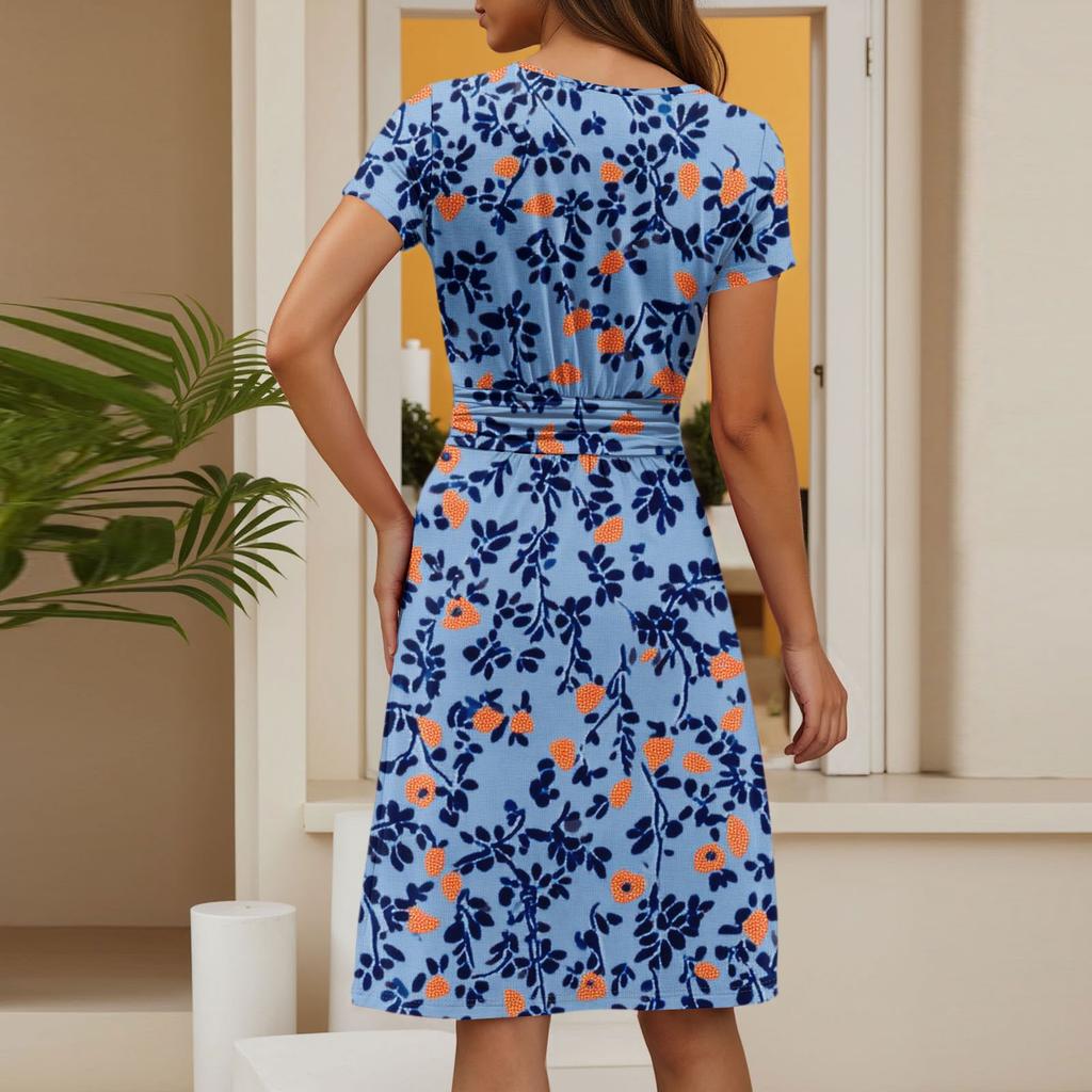 Women's Casual Fashion Round Neck Pleated Short Sleeve Floral Print A-Line Midi Dress