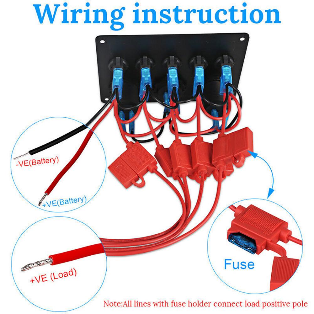 Boat Switch Panel Car Switch Panel Waterproof Digital Voltmeter Dual USB Port 12V Outlet Combination Marine LED Rocker 5 Gang