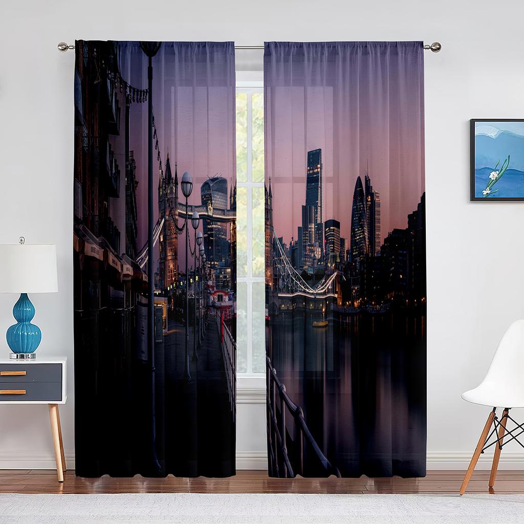 San Francisco Bay Bridge Stadsbild Skir Voilegardin USA Stad Natt Skyline Sceneri Utsikt Transparent Chiffong Tyllgardiner