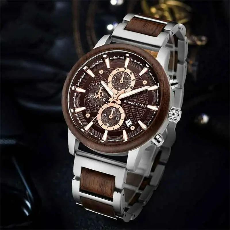 Wood Watches Luxury Luminous Multi-function Wooden Men's Chronograph Quartz Retro Watch Fashion Sport Timepieces