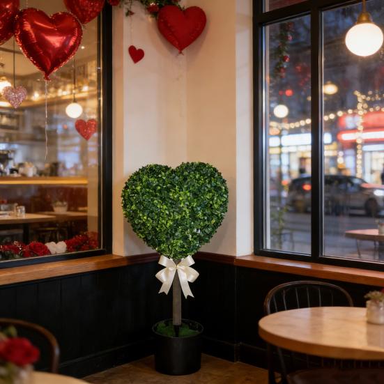 1/2Pcs Artificial Heart Topiary Tree Love Heart Topiary Stake with Rainbow Bow Indoor Outdoor Garden Porch Faux Shrubs Plants Decoration