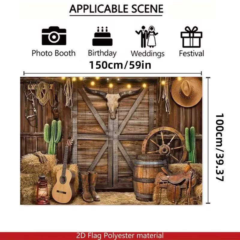 2D Wild West Farmhouse Tapestry, Rustic Cowboy Scene with Cactus and Saddle Wall Decor