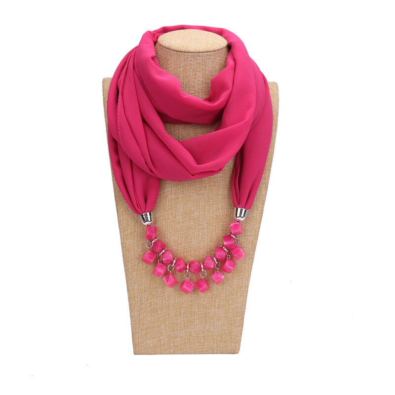Bold Red Chiffon Scarf Necklace with Cubic Beads – Fashionable Infinity Scarf for Women, Statement Jewelry Accessory