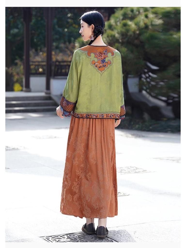 Premium Ethnic-Style Embroidered Satin Jacquard Coat with Frog Button