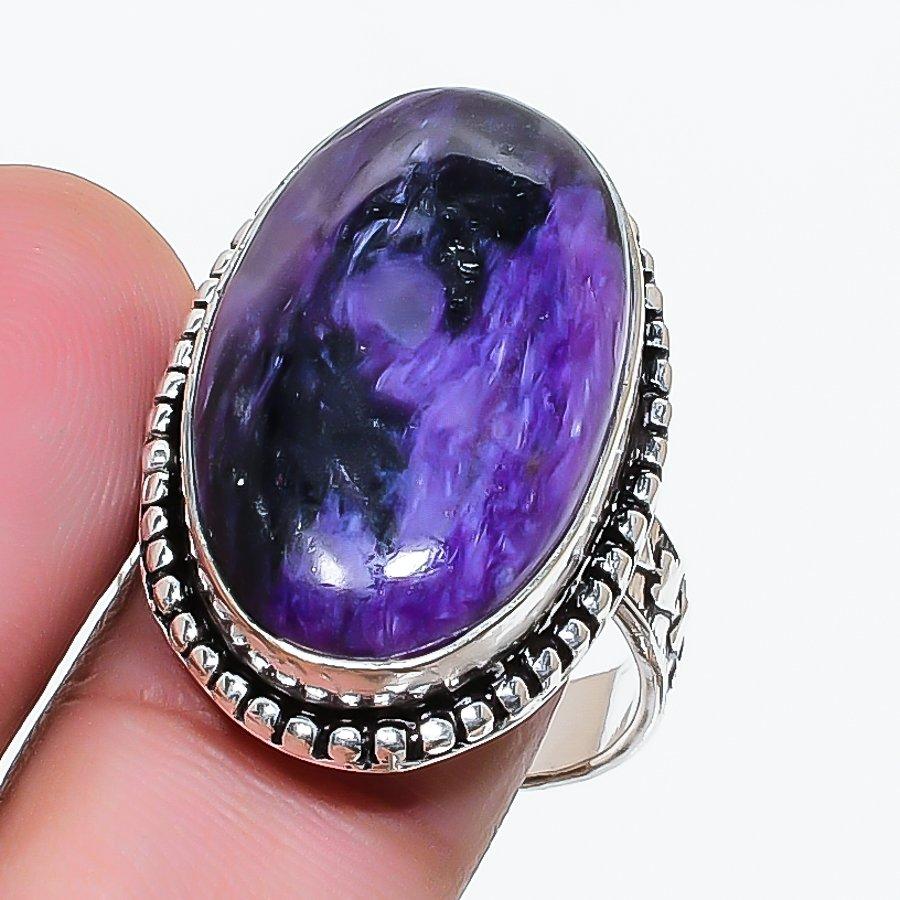 Natural Russian Charoite Gemstone 925 Sterling Silver Jewelry Ring Size 9 AR-17907
