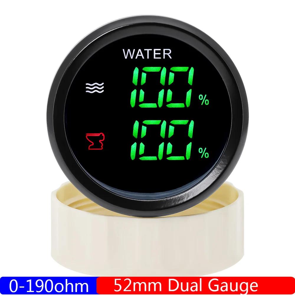 Digital Dual Gauge with Alarm 52MM Water Level+Sewage Level Meter for Water/Sewage Level Sensor 0-190ohm Boat Car 12V24V