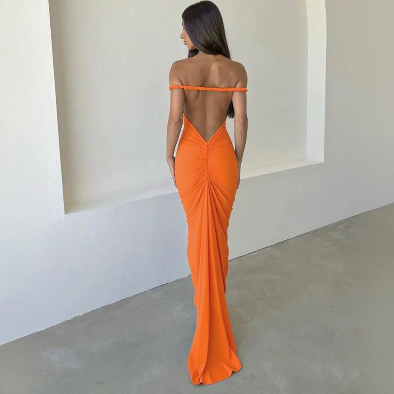 

Летнее женское новое темпераментное сексуальное платье с вырезом халтер, открытой спиной, облегающее, плиссированное на бедрах M оранжевый