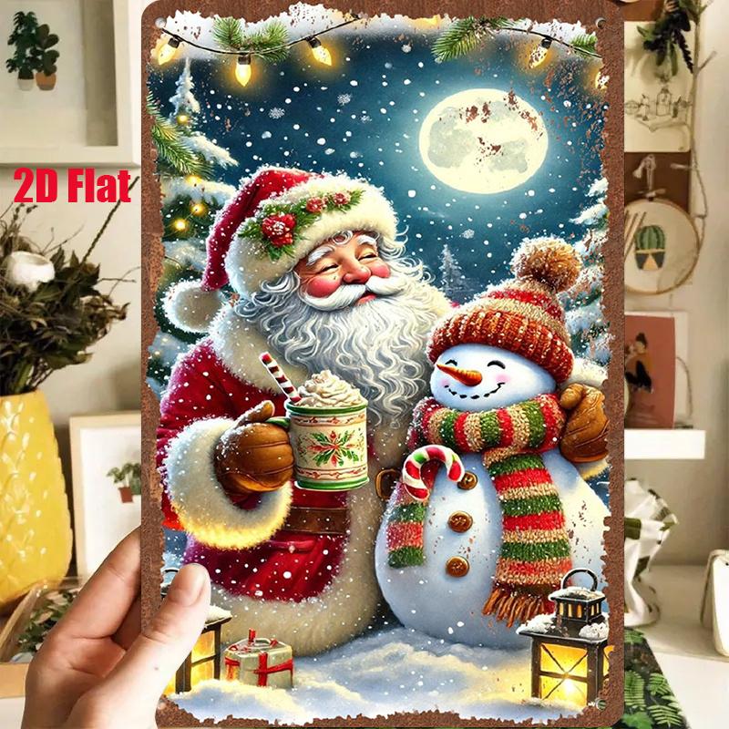D Flat Pc D Flat Metal Sign Santa Claus and Snowman Enjoying a Cozy Night Together Holding Hot Drinks with a Full Moon a