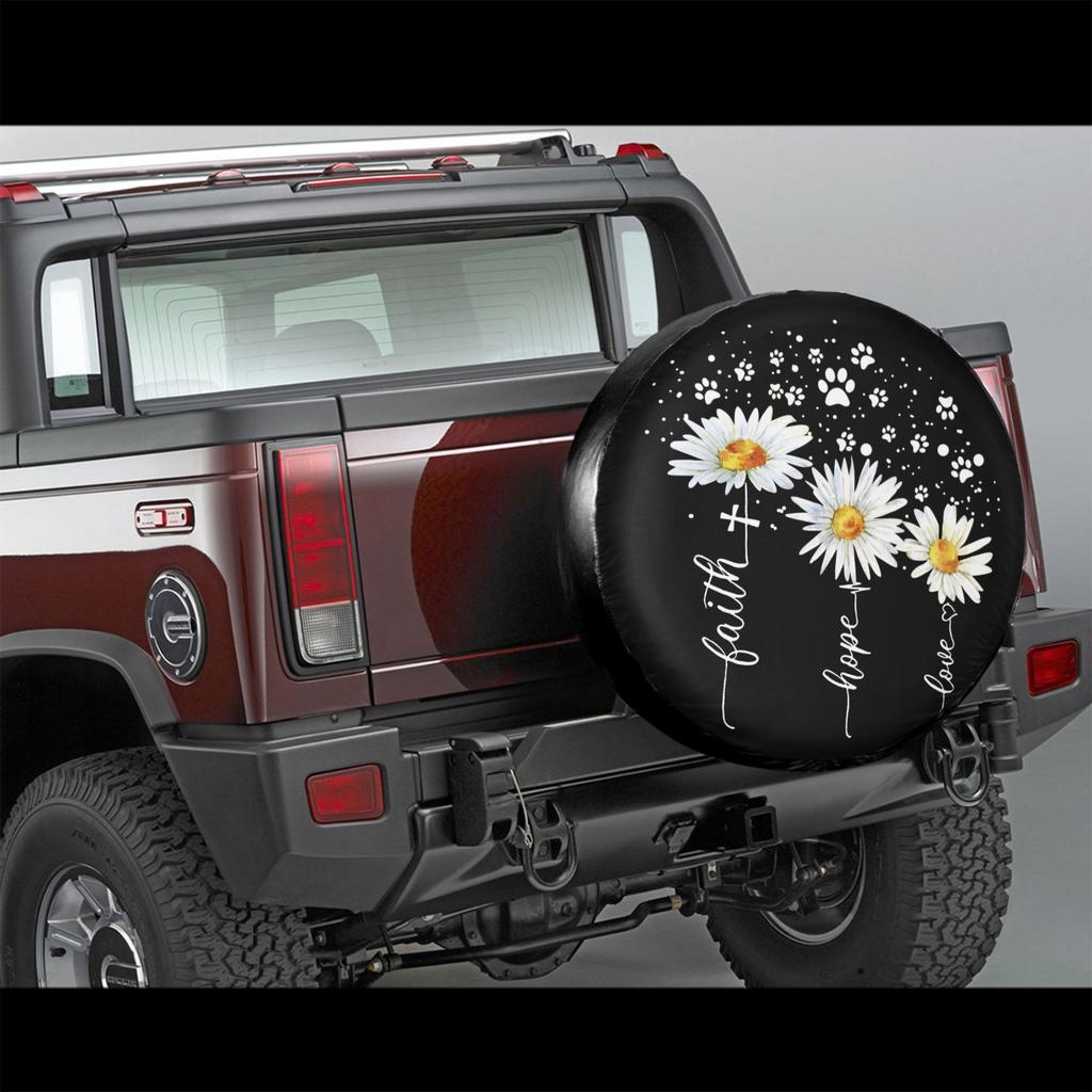 Daisy Faith Hope Love Paw Print Spare Tire Cover Polyester Waterproof For SUV Truck