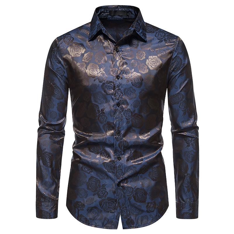 Men s Fashion Rose Print Long Sleeve Slim Fit Shirt – Autumn 2026 Collection S синий