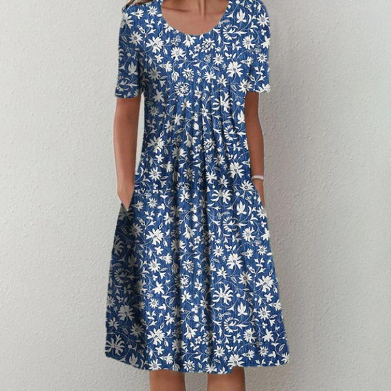 Abiti casual a vita alta con scollo a maniche corte e stampa floreale primavera-estate moda donna