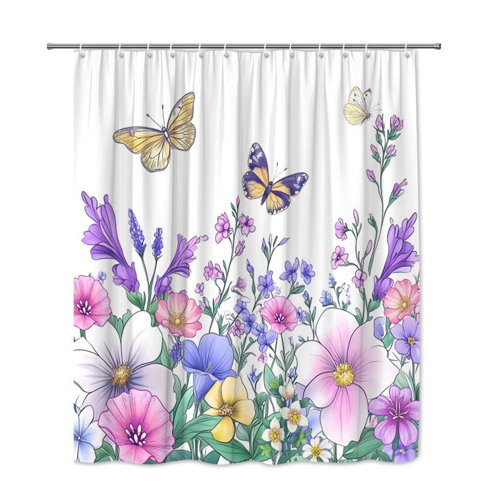 Colorful Butterfly And Flowers Shower Curtain Vibrant Garden Pattern On White Background Waterproof Easy To Install Non-Toxic