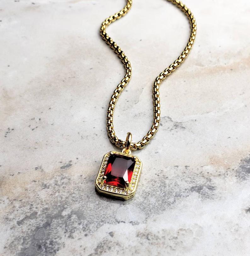 Granat Roșu Formă Smarald Argint Sterling 925 Piatra Prețioasă Bijuterii Pandantiv