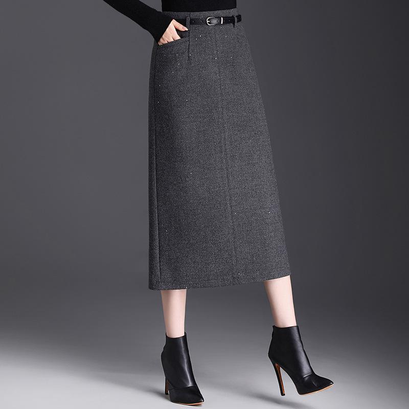 Chic High-Waisted Wool Blend Slit Skirt – 2026 Autumn/Winter Elegant Korean Style
